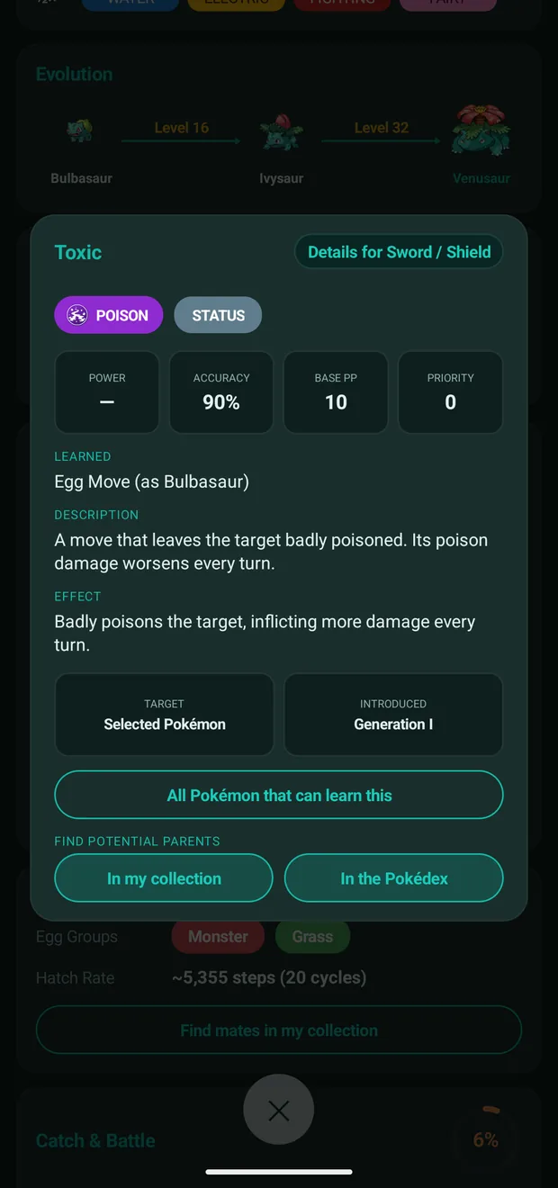 The move Toxic, with buttons to find potential parents for it in your collection or the Pokédex.
