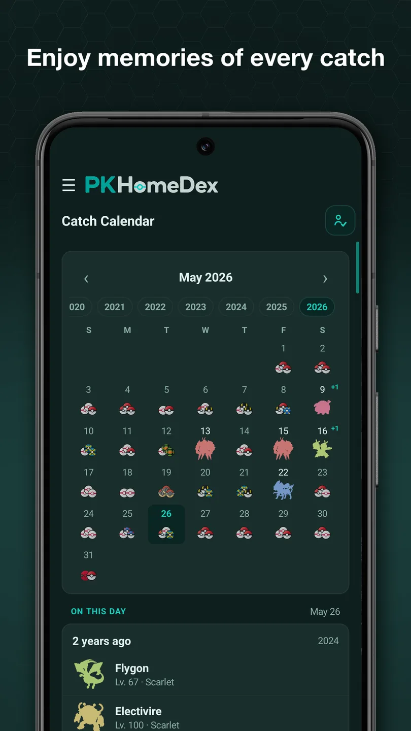 The Catch Calendar for May 2026, a Poké Ball on every day something was caught, with an On this day list of past years underneath.
