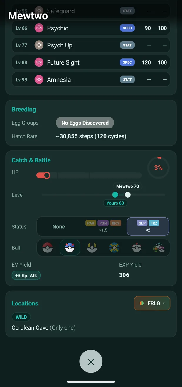 The catch calculator for Mewtwo, with sliders for its HP and level, status and Poké Ball choices, and a 3 percent catch chance.