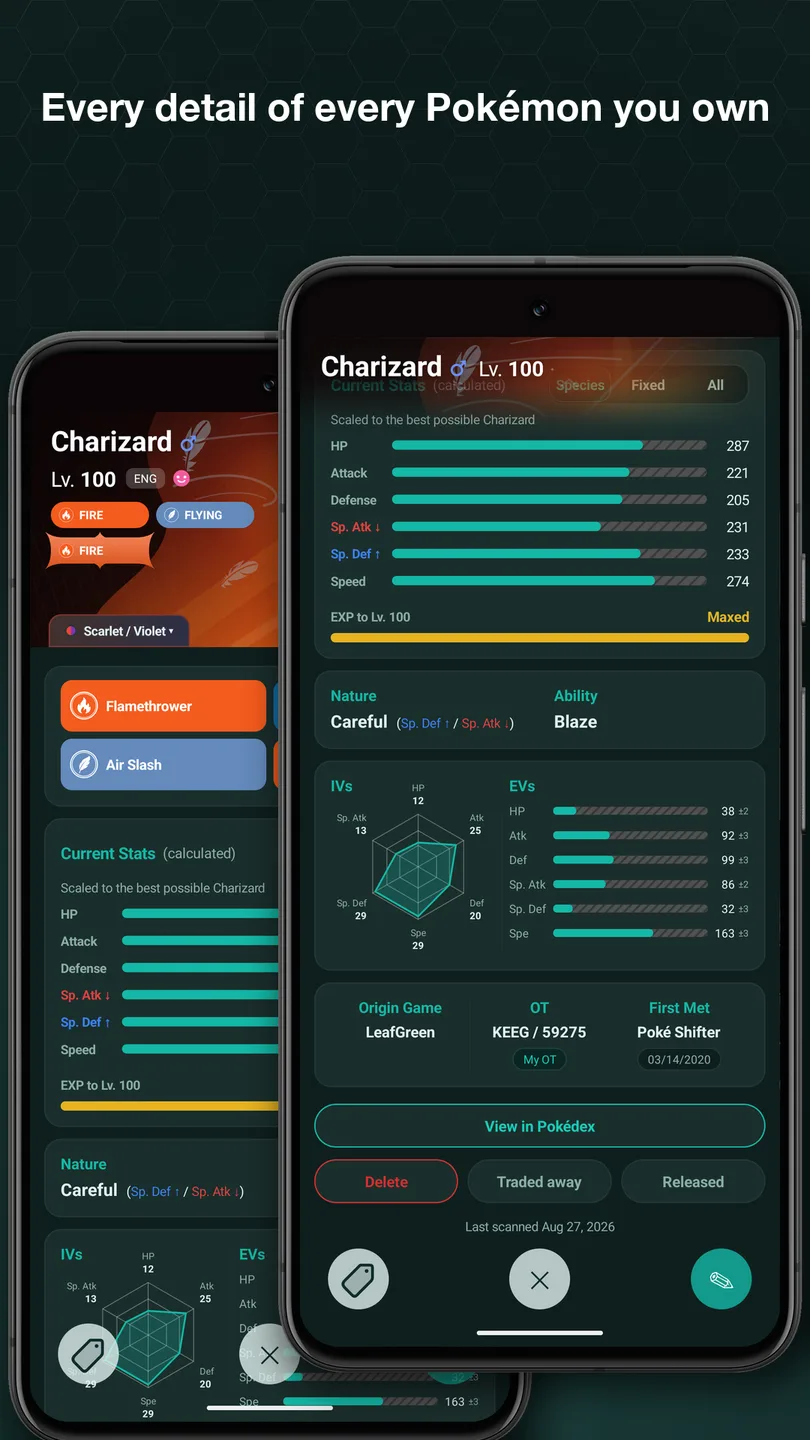 A Charizard's detail page, showing its moves, calculated stats, nature, ability, and IV and EV charts.