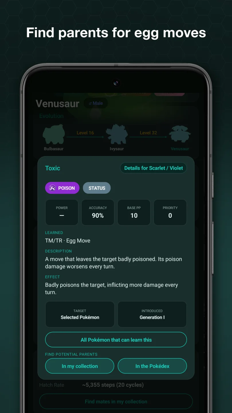 Venusaur's egg move Toxic, with buttons to find potential parents for it in your collection or the Pokédex.