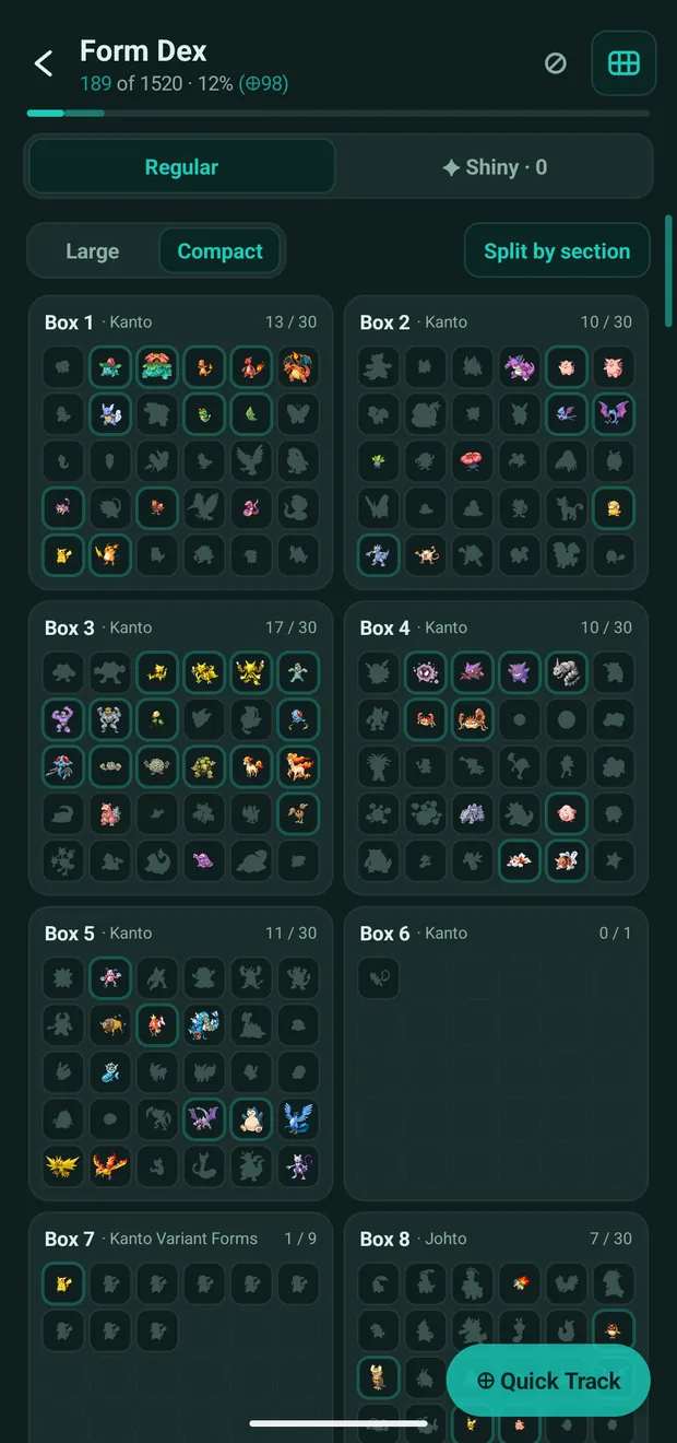 The Form Dex laid out box by box, with owned Pokémon filled in and the rest as silhouettes.