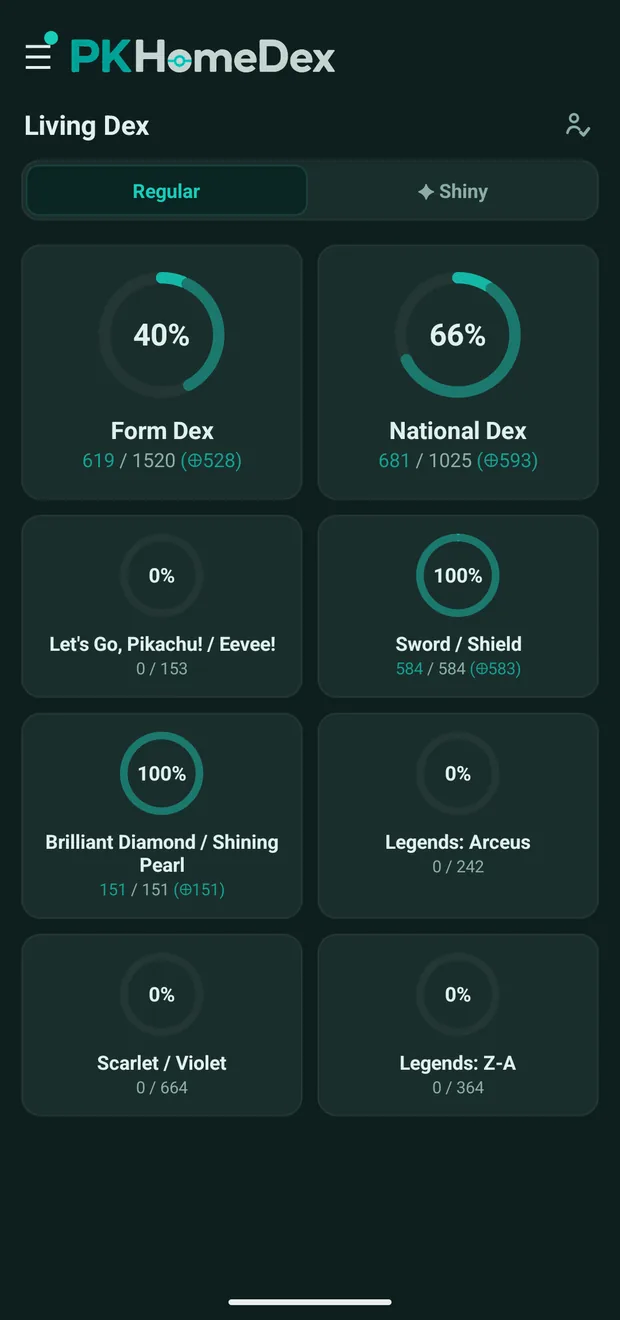 The Living Dex page, showing completion rings for the Form Dex, National Dex, and each game.