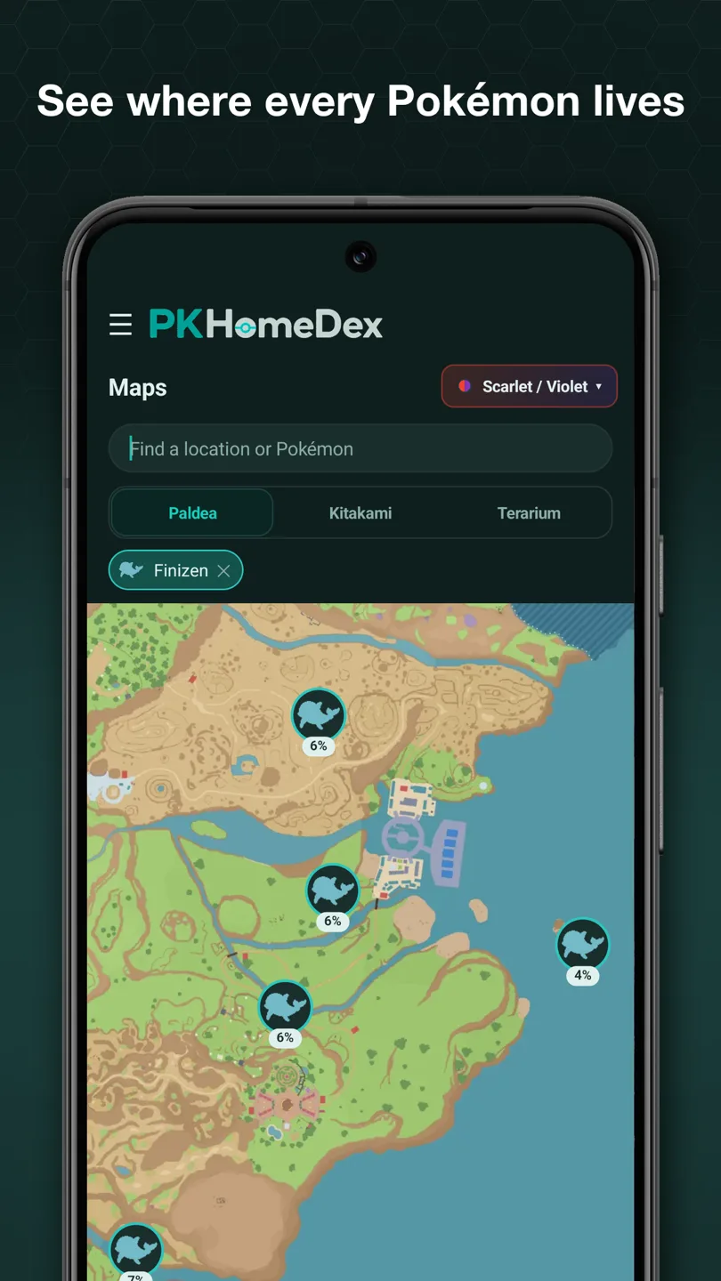 The Maps page for Scarlet and Violet with Finizen searched, its encounter rate marked at every place in Paldea it appears.