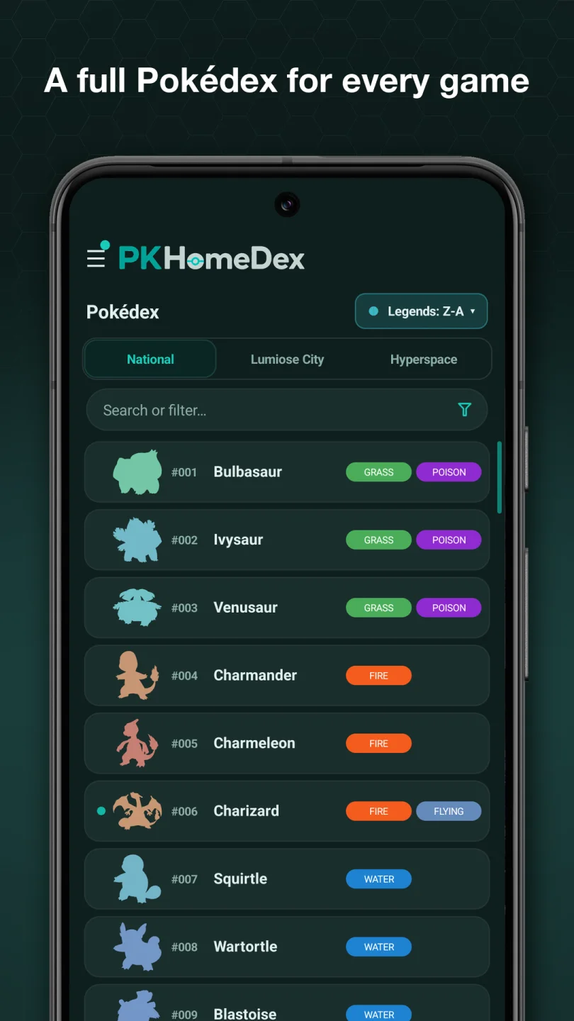 The Pokédex list for Legends: Z-A, with each species' types and a search bar.
