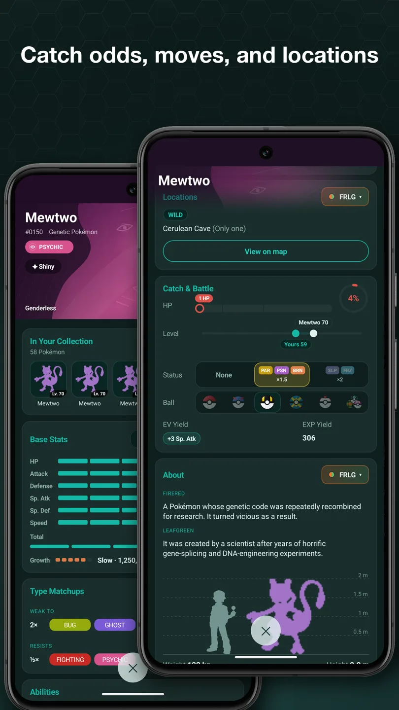 Mewtwo's Pokédex page, with base stats, type matchups, where to find it, and its catch calculator.