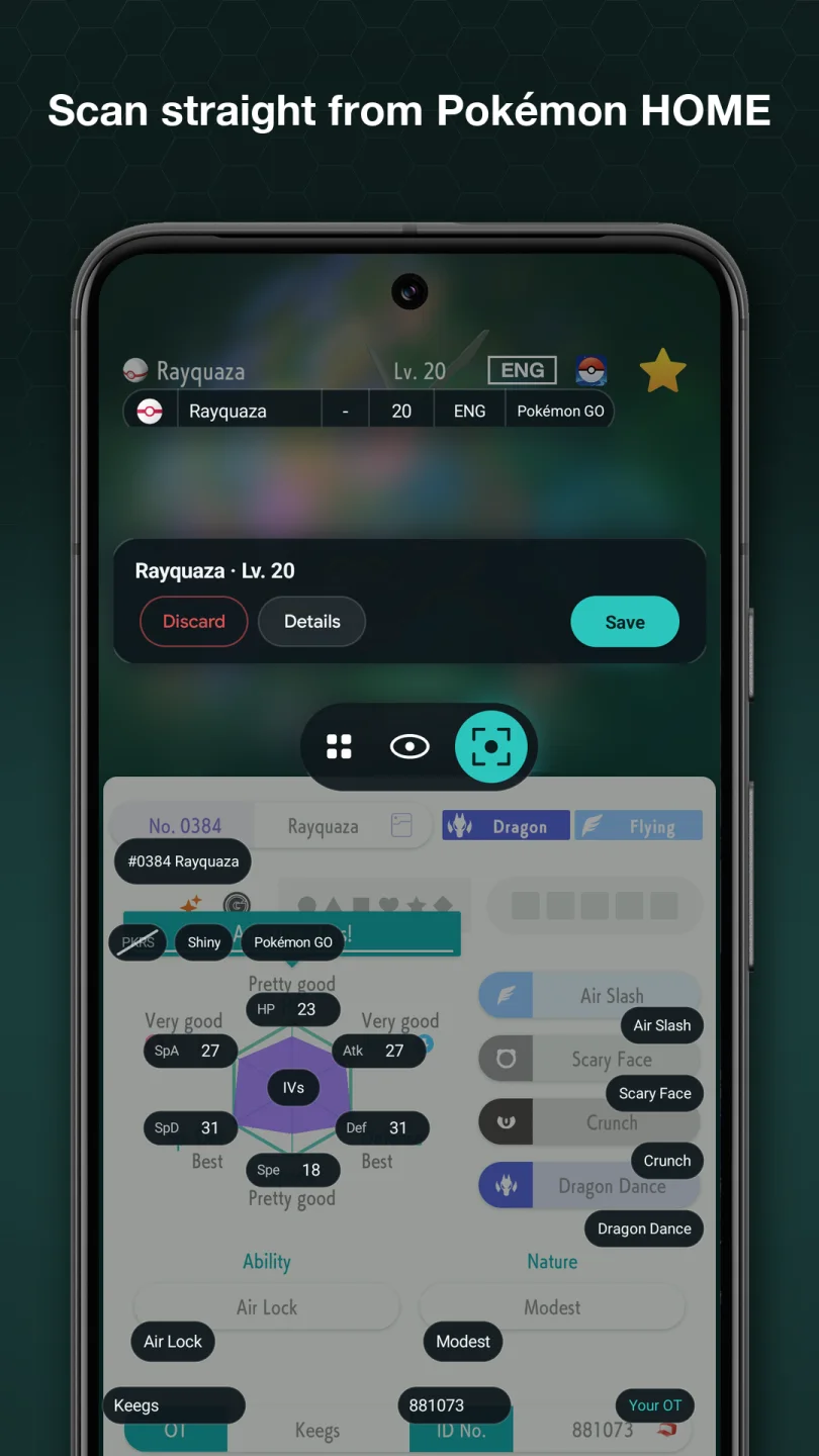 The scan overlay over a Rayquaza's summary page in Pokémon HOME, with its IVs, ability, and nature read and ready to save.